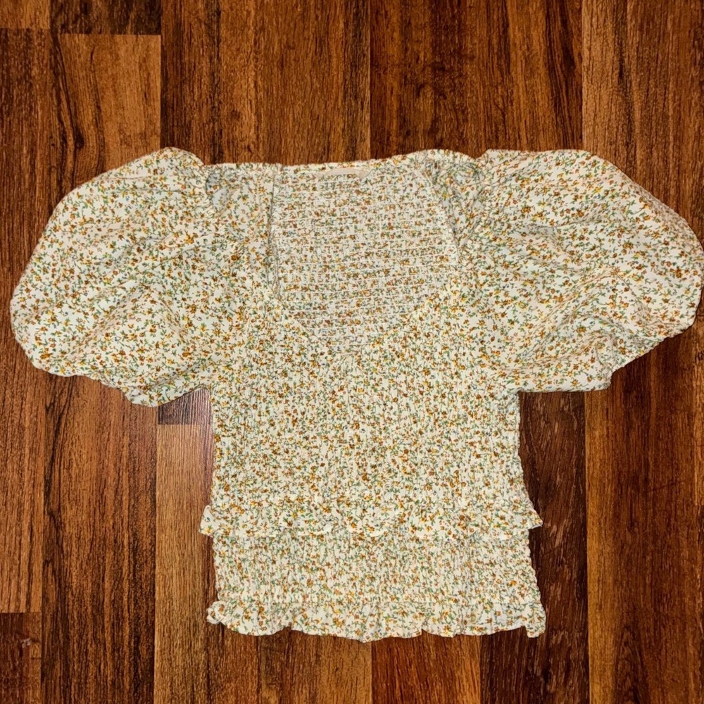Altar'd State Ditsy Floral Smocked Puff Sleeve Top Yellow Green Ivory Small